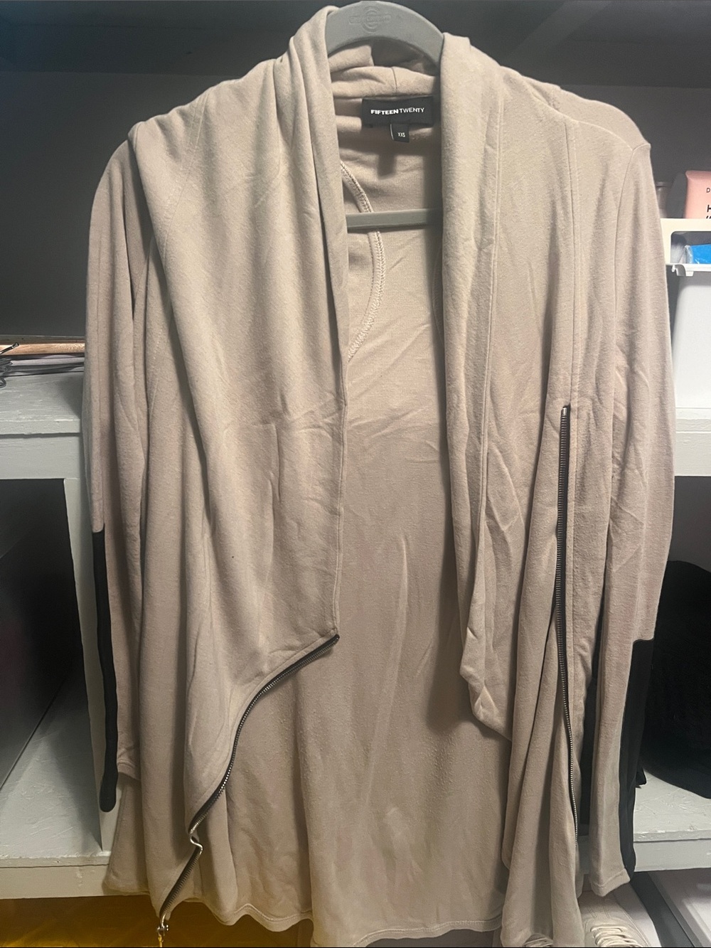 Fifteen Twenty Taupe Open-Front Draped Jacket. Lamb leather details.